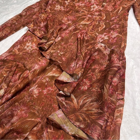 Marchesa Notte Floral Chiffon Asymmetrical Ruffle Dress in Rust Womens 8 - Picture 6 of 16